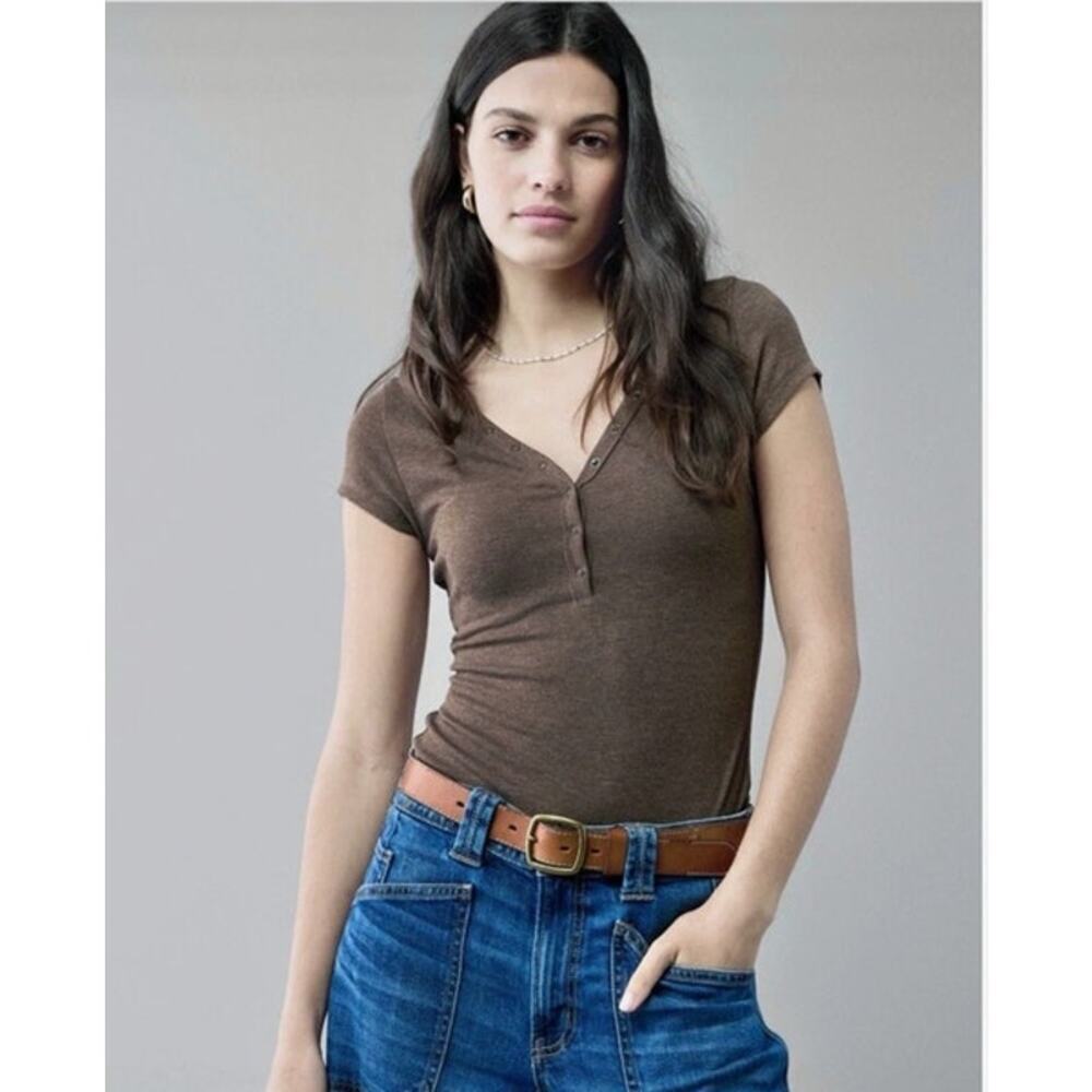 Womens American Eagle Brown Henley Short Sleeve Bodysuit Size S